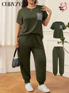 CURVZY Plus Size Two-Piece Set Crew Neck Tee & Pants, Casual Fashion Cozy for Daily Outdoor Wear, Women Clothing for All Seasons