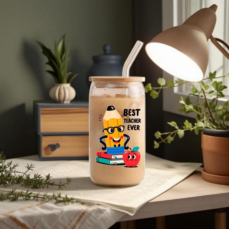 16oz Glass Cup with Straw & Brush, 1 Count Cute Cartoon Pattern Glass Cup, Drinking Cup for Home Office School, Gift for Teacher, Drinkware 6
