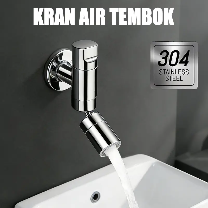 304 Kran Air Tembok Stainless Minimalis Hitam untuk Kamar Mandi dan Taman Bahan Tahan Karat Model Engkol Ukuran Drat 1/2 Inch Fungsi Dingin Design Modern