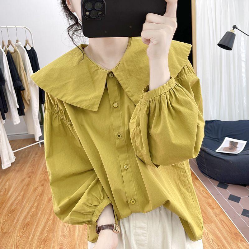 Áo Sơ Mi Dài Tay Trơn Cổ Búp Bê Bất Đối Xứng Dành Cho Nữ, Phong Cách Mùa Xuân Và Mùa Thu, Dáng Rộng Vừa Vặn, Trông Trẻ Trung, Áo Sơ Mi Lớp Cơ Sở, PCs, Phổ Biến 3