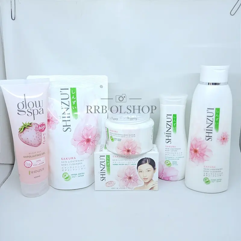 PAKET 6 IN 1 SHINZUI WHITENING - Body Scrub 110GR - Body Lotion 100ML - Glow Spa 130 ml - Body Cleanser 225 ml - Body Cleanser Refill 180ml - Sabun Batang 0