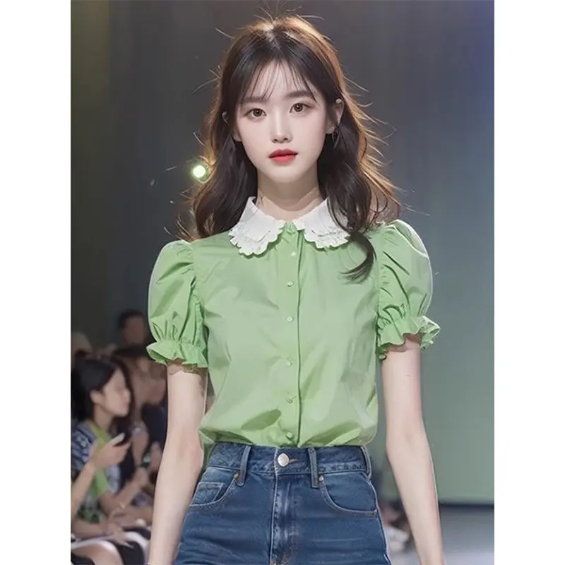 Quần Áo Nữ Mùa Hè Áo Sơ Mi ngắn Tay Cổ Peter Pan Màu Xanh Lá Cây Nhạt Thiết Kế Đẹp Mới 2024 Áo Sơ Mi Nhỏ Trẻ Trung Đẹp Giấu Bụng 3
