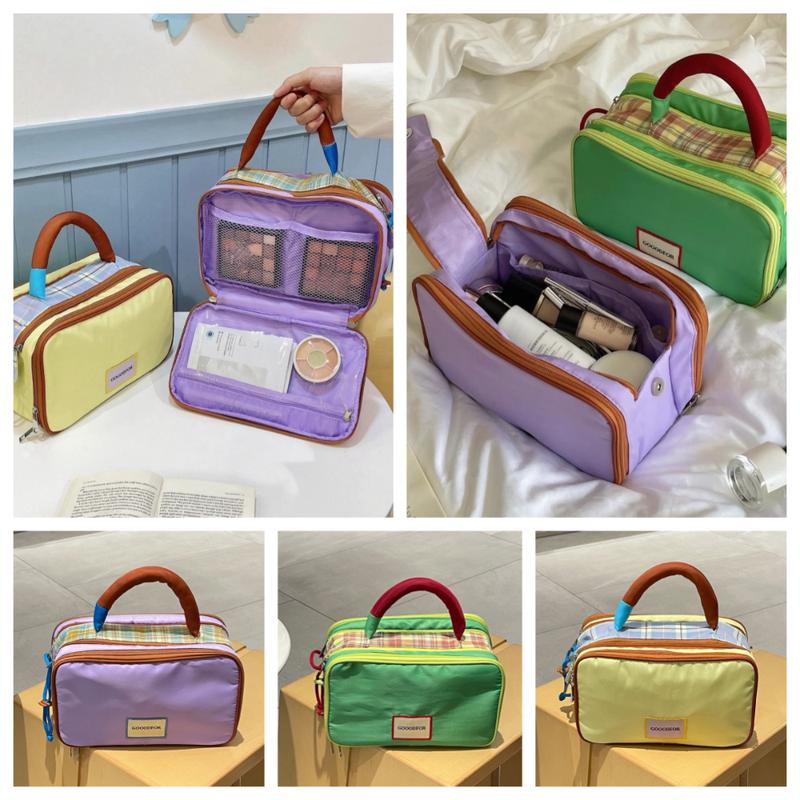 Product Introduction of Cute Oxford Cloth Plaid Makeup Bag Portable Handle Travel Cosmetic Container Multifunctional Storage Wash Pouch Data Cable Storage 10