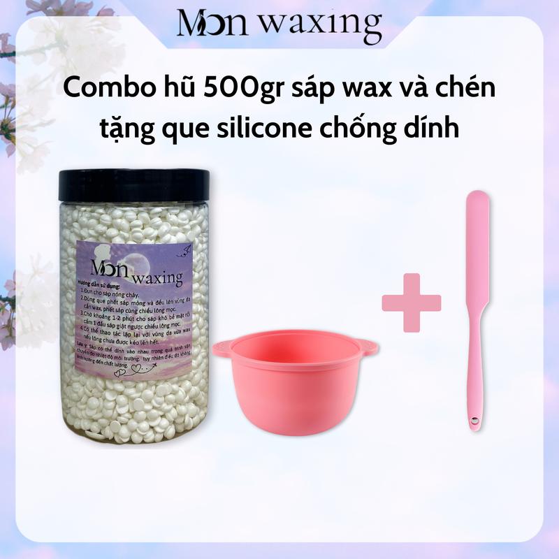 [Tặng que silicone] combo hũ 500gr sáp wax cao cấp và chén silicone chống dính tặng que silicone tái sử dụng thích hợp nhiều vùng, wax tay, chân, râu, nách, bi (che tên sản phẩm)