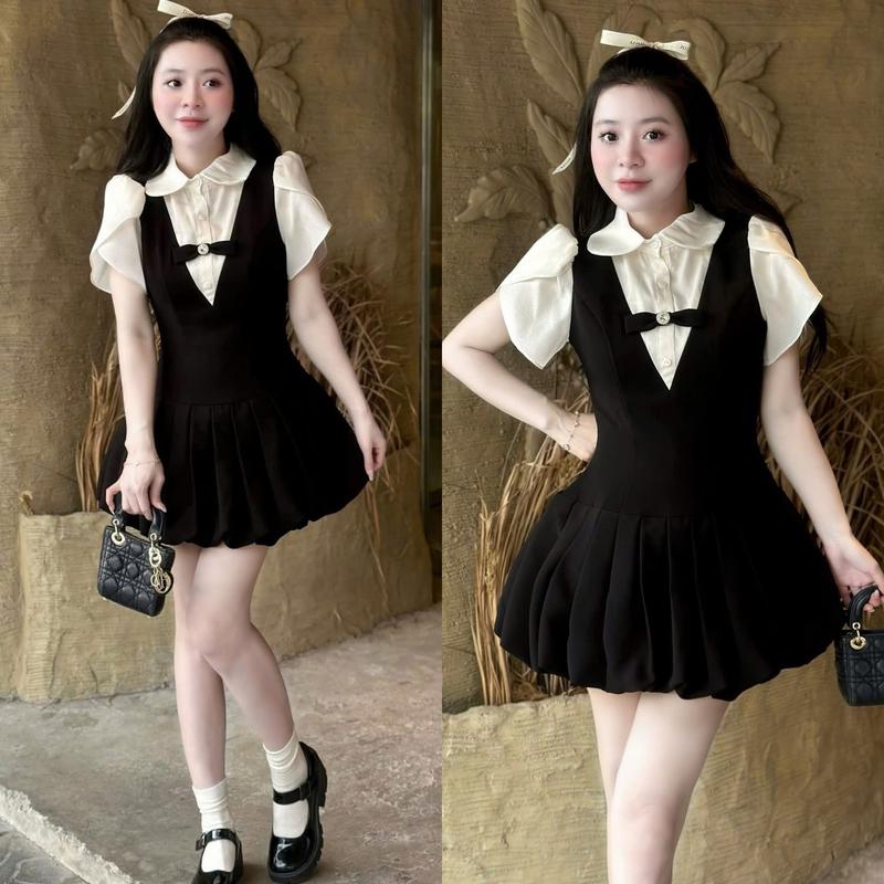 Váy Sơ Mi Tay Bồng Cổ Sen Đính Nơ Phối Yếm Xếp Ly Chéo Hàn Tiểu Thư (Ảnh Thật Trải Sàn) Lollaye