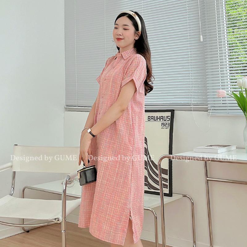 Váy bầu kẻ hồng cổ đức, size 40-100kg, dáng suông mở cúc phía trên GM106 3