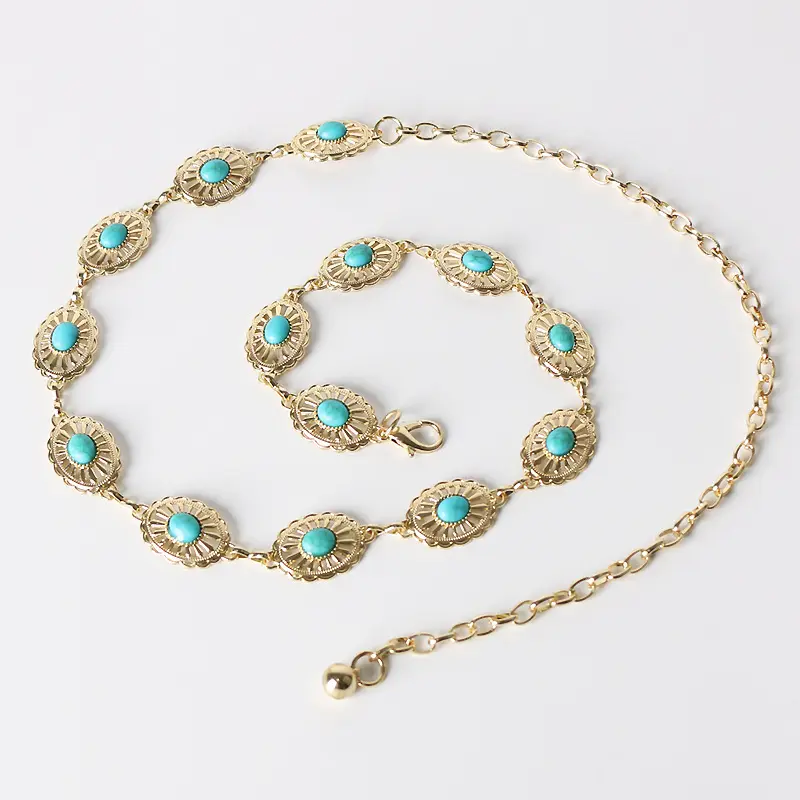 Retro Fashion Turquoise Metal Waist Chain Women's Dress All-Matching Decorative Chain Belt Bohemian Accessories 0