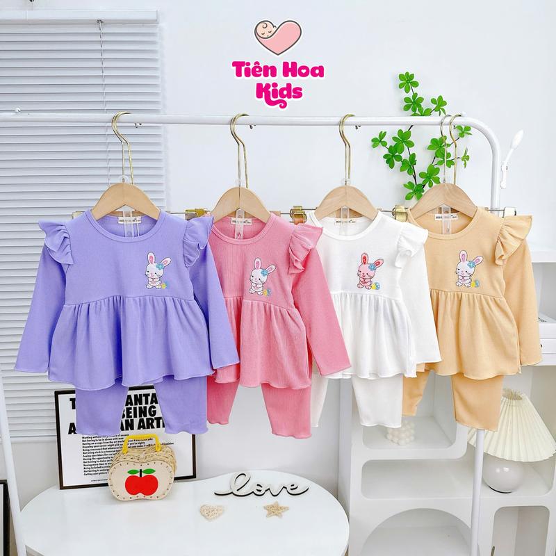  Tiên Hoa Kids  Bé 7-19kg  Bộ quần áo Dài Tay Thun Gân Tăm Cánh Tiên Dáng Baby Doll thêu thỏ Mềm Mịn Cho Bé Gái Bộ dài tay thu đông cho bé gái 