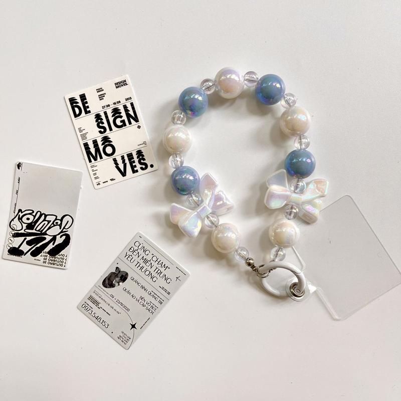 Phone Lanyard Short Bowknot Beaded Heart Small Flower Round Bead Pendant for Women Universal Phone Case Clip Style 3