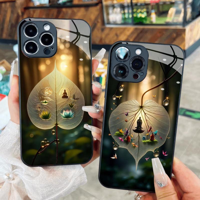 Ốp Kính Hình lá bồ đề hoa sen và hình phật pháp dành cho iPhone 16 15 14 13 12 11 8 7 6 6s 6p 7p 8p 6g 7g 8g Pro Max XR XS xsmax Plus Promax Ốp lưng điện thoại di động Lady Case Phụ Kiện