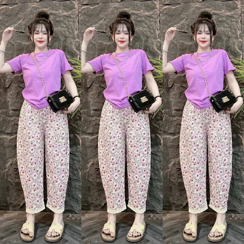 Sét Bộ Thun Áo Tay Ngắn Cổ Tròn In Hình Hoa Nhí Thun Co Giãn Kèm Quần Baggy Lụa Phoi Ren Lai,In Hoa Tiếc Hoa ,Phom 45-58kg,Mac Thoai Mai Nữ Women Bo Chun Nhung Voi Top Kem 4