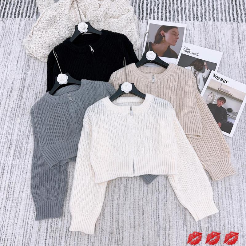 Áo Len Khoác Nữ Croptop Trơn Khóa Kéo Form Rộng EVO-3768