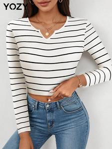 YOZY Women's Striped Print Notched Neck Knit Top, Preppy Casual Long Sleeve Top for Spring & Fall, Women's Knitwear for Daily Wear