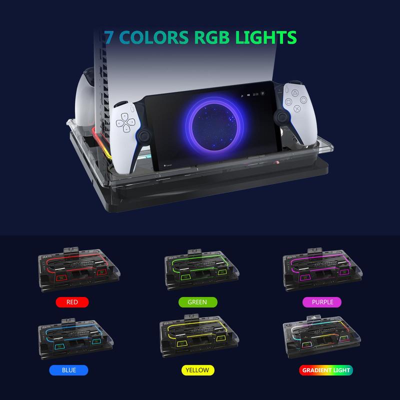 GAMINJA P53 Console Stand Cooling Station, Dual Controller Charging Station with 7 RGB Light, Console Accessories for Playstation 5 Digital Disc Slim, Game Peripherals 5