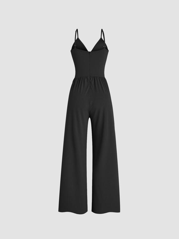 Two-piece Set Women's Solid Color Lettuce Trim Mock Neck Sheer Lace Top & Pocket Wide Leg Cami Jumpsuit, Travel, Elegant Fashion Casual Two Piece Outfits for Daily Outdoor Wear, Women Clothes for Spring & Fall 8
