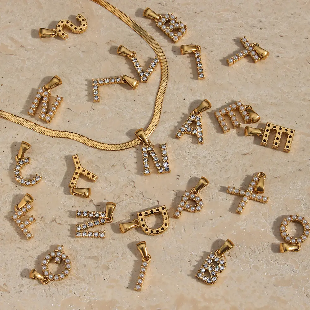 Minority Simple Zircon Letter Pendant Parts Stainless Steel Plated 18K Gold Micro Inlay Pearl Letter