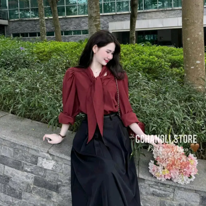 Sét bộ váy 3 món Nữ chất cotton lạnh dáng dài xòe maxi thiết kế áo sơ mi dài tay cột nơ cổ kèm đai lưng tiểu thư xinh đẹp mặc đi chơi hẹn hò ăn uống Văn phòng thanh lịch  Women Dress 2