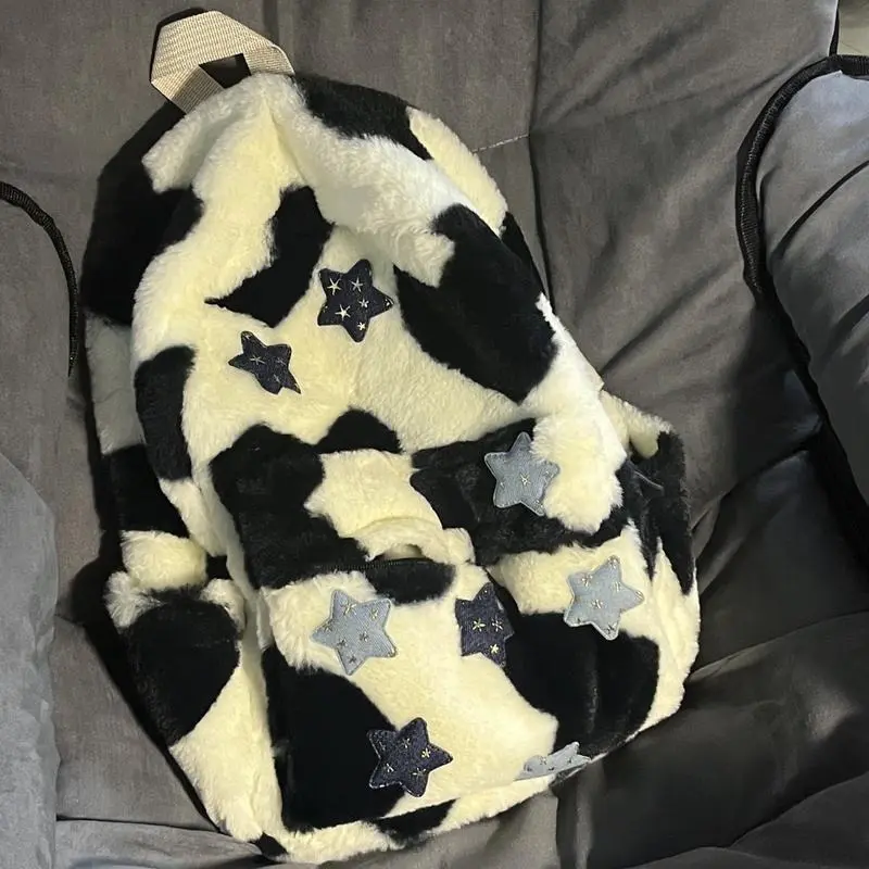 Tas ransel wanita import tas cewek sekolah kece Ransel Wanita Bintang Lima Milenial yang Menggemaskan dengan Desain Leopard Cocok untuk Mahasiswa Serba Guna Terbuat dari Bulu-Bulu Halus Gaya Niche dan Fleksibel Backpack tas ransel sekolah cewek QX152 2