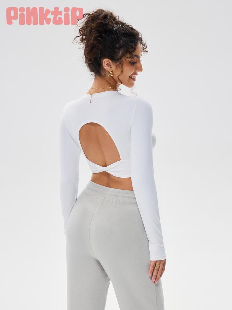 Product Introduction of Women's Solid Backless Sports Tee, Sporty Thumb Hole Design Long Sleeve T-shirt for Yoga Gym Workout, Ladies Sportswear for All Seasons 2