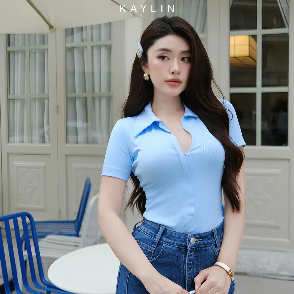 Áo thun nữ KAYLIN có cổ chất vải thun gân ôm body phối khoá kéo phong cách Polo - N2220 Top Women Polo | BigBuy360 - bigbuy360.vn