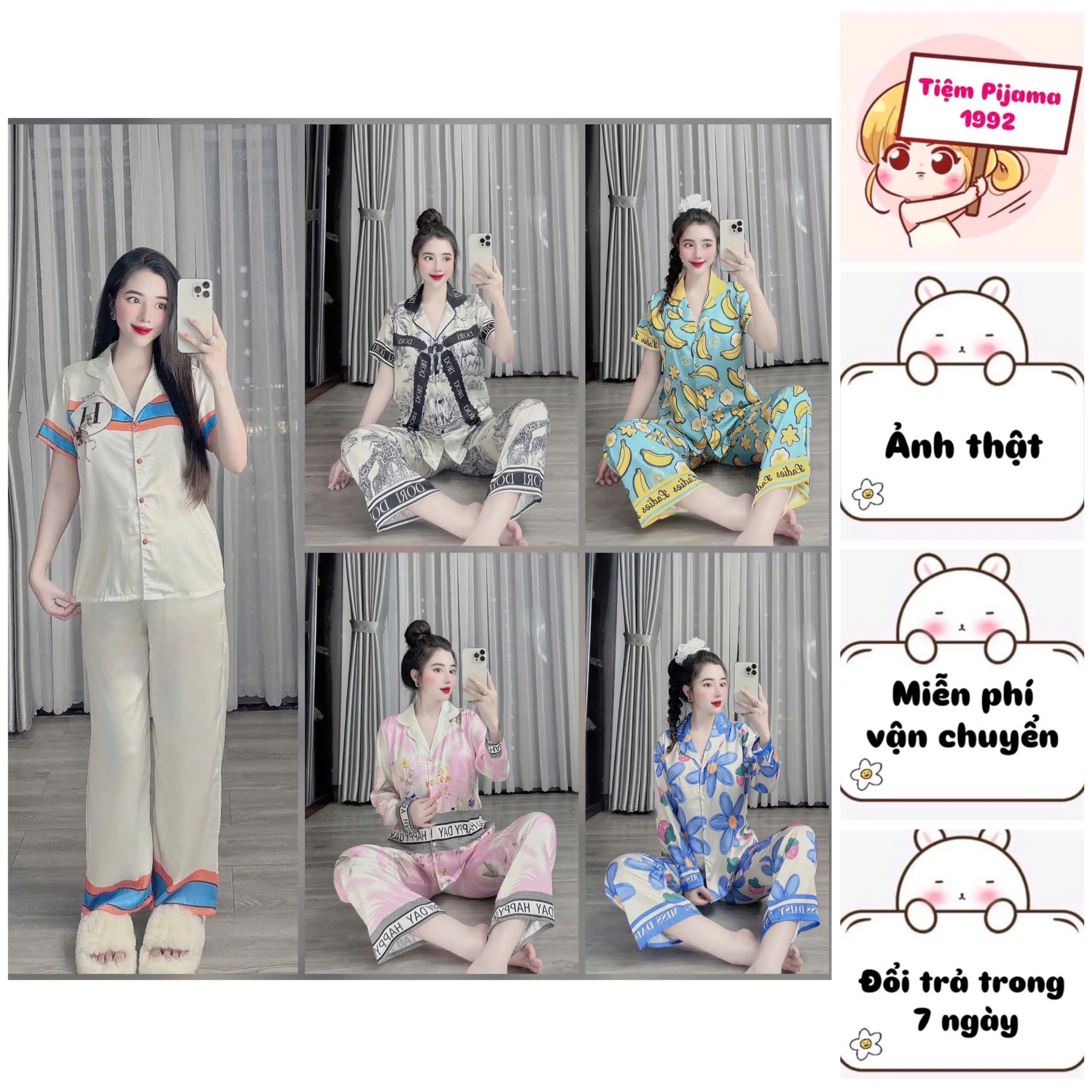 Đồ Bộ Pijama Lụa Latin Nút Bọc Freesize 40-60kg Cho Nữ - Women dobo Voi Nhung set