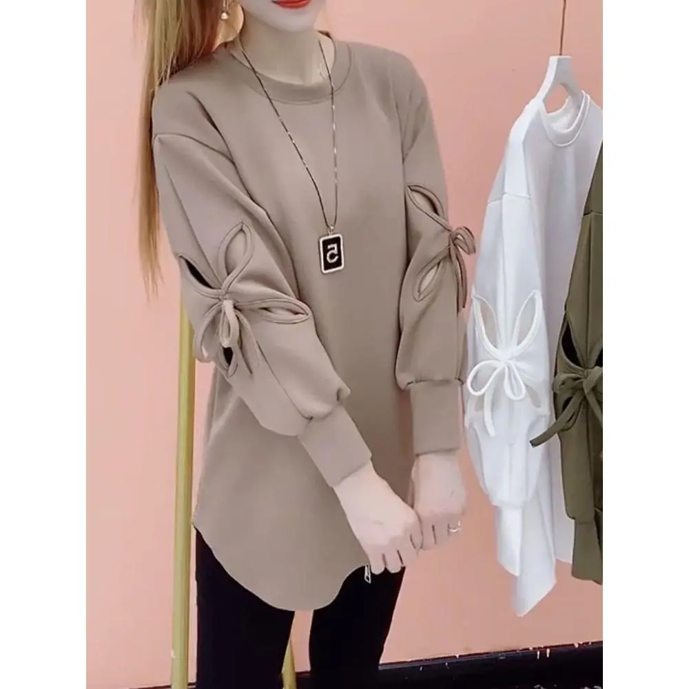Áo Len Dài Trung Bình Cho Nữ, Dài Tay, Dáng Rộng Vừa Vặn, Ngoại Cỡ, Thiết Kế Xẻ Tà Phong Cách Phương Tây, Thiết Kế Đẹp, Thích Hợp Cho Mùa Xuân Và Mùa Thu, Áo Phông Bụng Giấu Dưới Áo Top Women