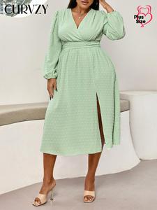 CURVZY Plus Size Swiss Dot Split Thigh Surplice Neck Dress, Elegant Shirred Bishop Sleeve A Line Dress for Party Holiday Wedding Guest, Women's Clothes for Fall