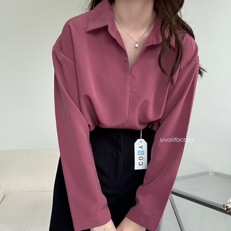 SIVALI Minji Shirt | Basic Loose Office Shirt - Kemeja Wanita Kantor Atasan Baju Anti Kusut Panjang Tebal Polyester Silk Formal Oversize Formal Oversize Kerja Hitam Casual 2