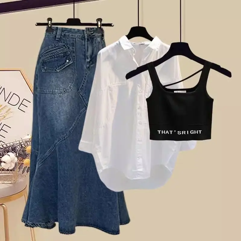 Fall Fashion Suit Women's 2023 New Loose All-Match White Shirt Sling Denim Skirt Three-Piece Set