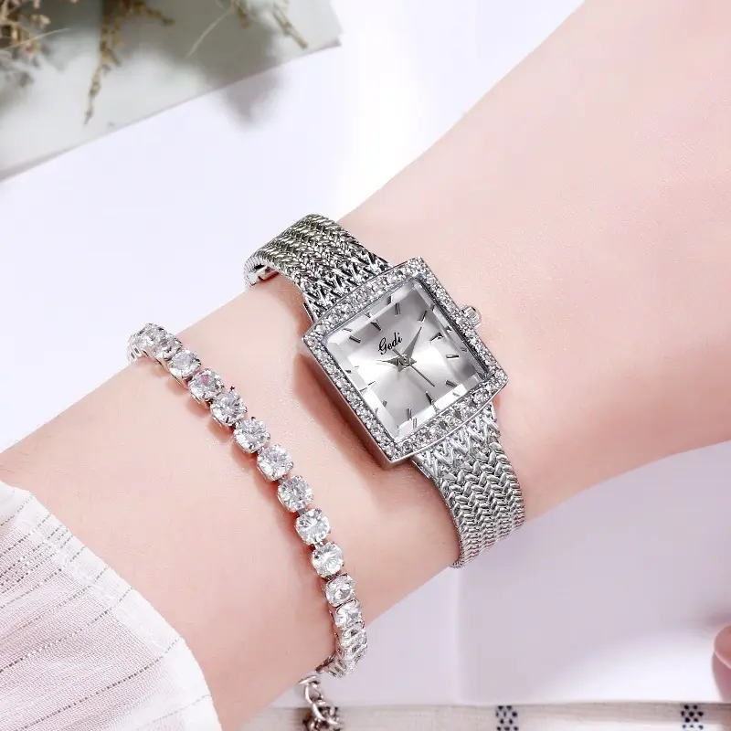 Đồng Hồ Nữ, Dây Lưới Gedi Gedi, Thiết Kế Vuông Cổ Điển Sang Trọng, Đính Kim Cương, Đồng Hồ Cao Cấp Thạch Anh Nữ, Bán Buôn Có Sẵn