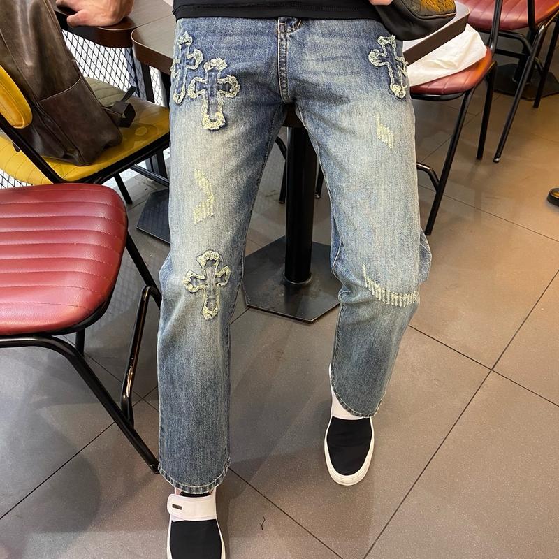 Quần suông nam thêu thánh giá xanh rêu nhạt chất dày dặn không bị co giãn Menswear