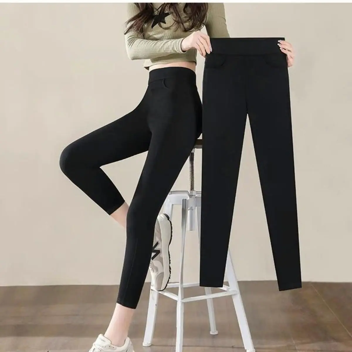 Quần Legging Nữ Dài Cạp Cao Co Giãn 4 túi Chất Vải Cotton Quần Legging Hàn Nữ Tập Gym mặc Đi học làm công sở xl thường Thun