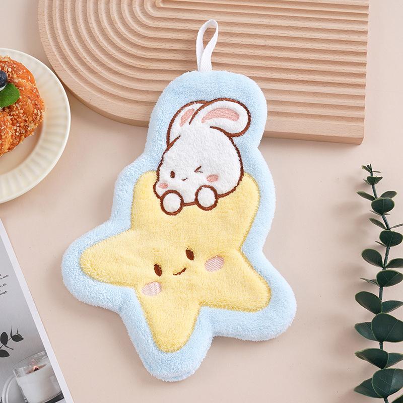 Product Introduction of Cute Rabbit Pattern Hand Towel Soft Hanging Towels Absorbent Coral  Towel Kitchen Bathroom Double-thickness Hand Towel 30