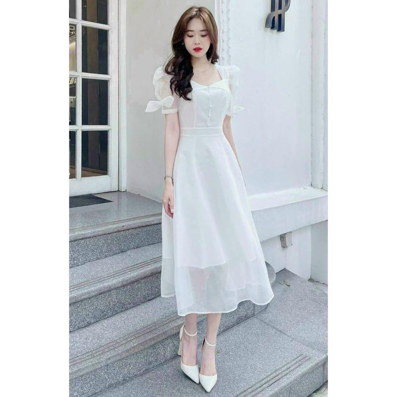 Đầm tiểu thư thời trang nữ sang chảnh mặc đi tiệc chất voan cổ vuông tay ngắn cài nơ đính nút váy đầm dáng xòe xếp tầng maxi phong cách trẻ trung sang trọng nữ tính