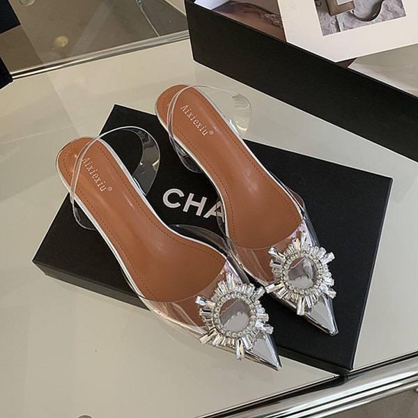 Guốc Mika phối đá mặt trời L.A.S gót ly 9 phân màu bạc lên chân tôn da -M4 Nữ Shoes DéP GiàY