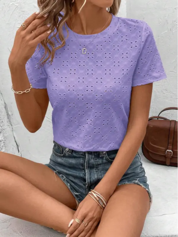 Women's Plain Eyelet Embroidery Tee, Casual Short Sleeve Round Neck T-shirt for Daily Wear, Ladies Clothes for All Seasons 4