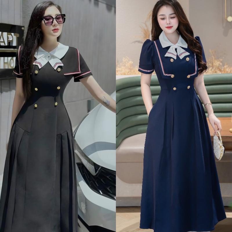 Váy Dự Tiệc Cổ Nơ Bèo Vải Cotton Lạnh Bigsize  50 - 100Kg Dễ Thương Nữ Cotton Dress Đầm Đen Denim Women - A.1245