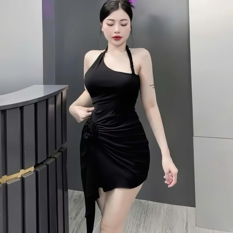 Đầm body nữ thiết kế lệch vai dây xoắn chéo đính hoa tà tua rua sang chảnh cho nữ Dress Women