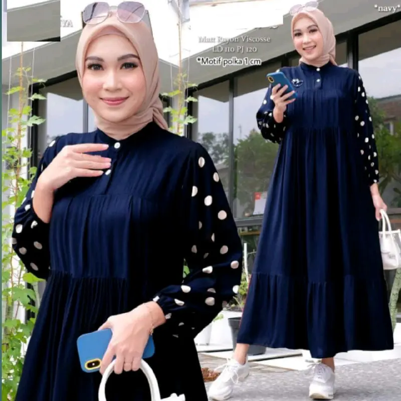 Dasima Gamis polos Kombinasi Polkadot midi Dress terbaru Muslim Lembut Kain Fit Cantik Kancing  Motif Panjang Rayon Wanita Ibu  Nyaman Variasi  Katun Kerah Menyusui 3