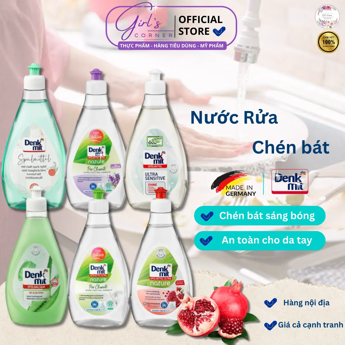 Nước rửa bát Denkmit 500ml, nửa rửa chén an toàn cho da tay hương thơm tự nhiên [Đức] [Khuyến mại]