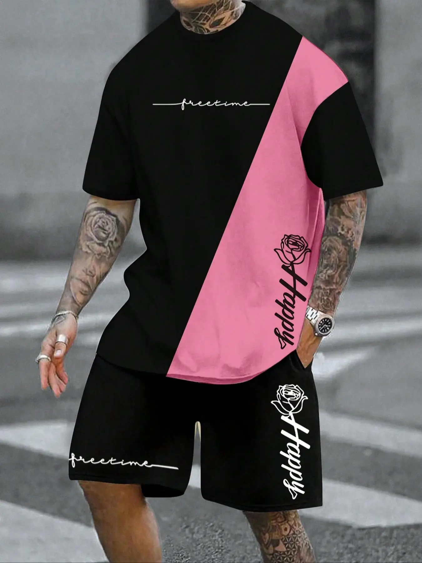 Men's Regular Fit Rose Print Short Sleeve Tee & Shorts Set, Casual Round Neck T-shirt & Track Shorts, Men's Two-piece Outfits for Spring & Fall