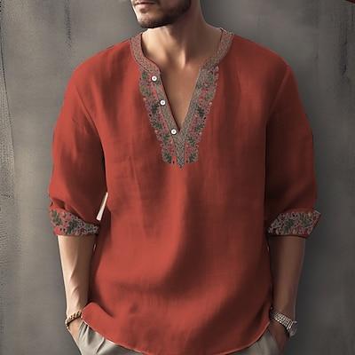Product Introduction of Men's Ethnic Shirt Linen Shirt Long Sleeve Fashion Streetwear Designer Outdoor Daily Going out Spring & Summer Stand Collar Print Yellow Light Green Pink Red Navy Blue 9