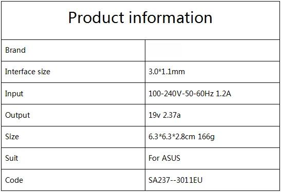 Product Introduction of 19V 2.37A 45W 3.0x1.1mm AC Adapter Laptop Charger Replacement For Asus Zenbook UX21E UX31K UX32 UX42E UX31E Notebook Chargeur 3