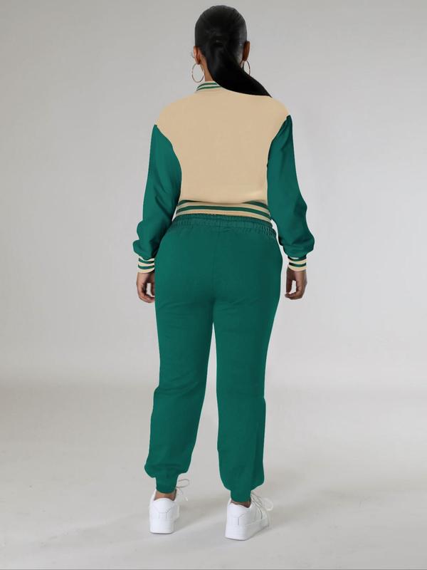 Women's Colorblock Print Short Jacket & Drawstring Waist Sweatpants Two-piece Set, Two Piece Set Women, Casual Long Sleeve Mock Neck Outerwear & Pocket Pants for Daily Wear, Ladies Fall & Winter Clothes, Co-ord Sets 1
