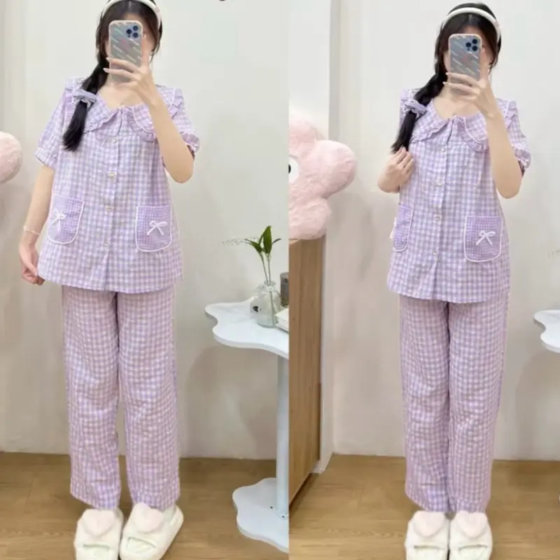 (40–65kg) 2SIZE Sét bộ pijama CỘC DÀI kẻ KARO CỔ SEN chất liệu vải đũi mềm mịn