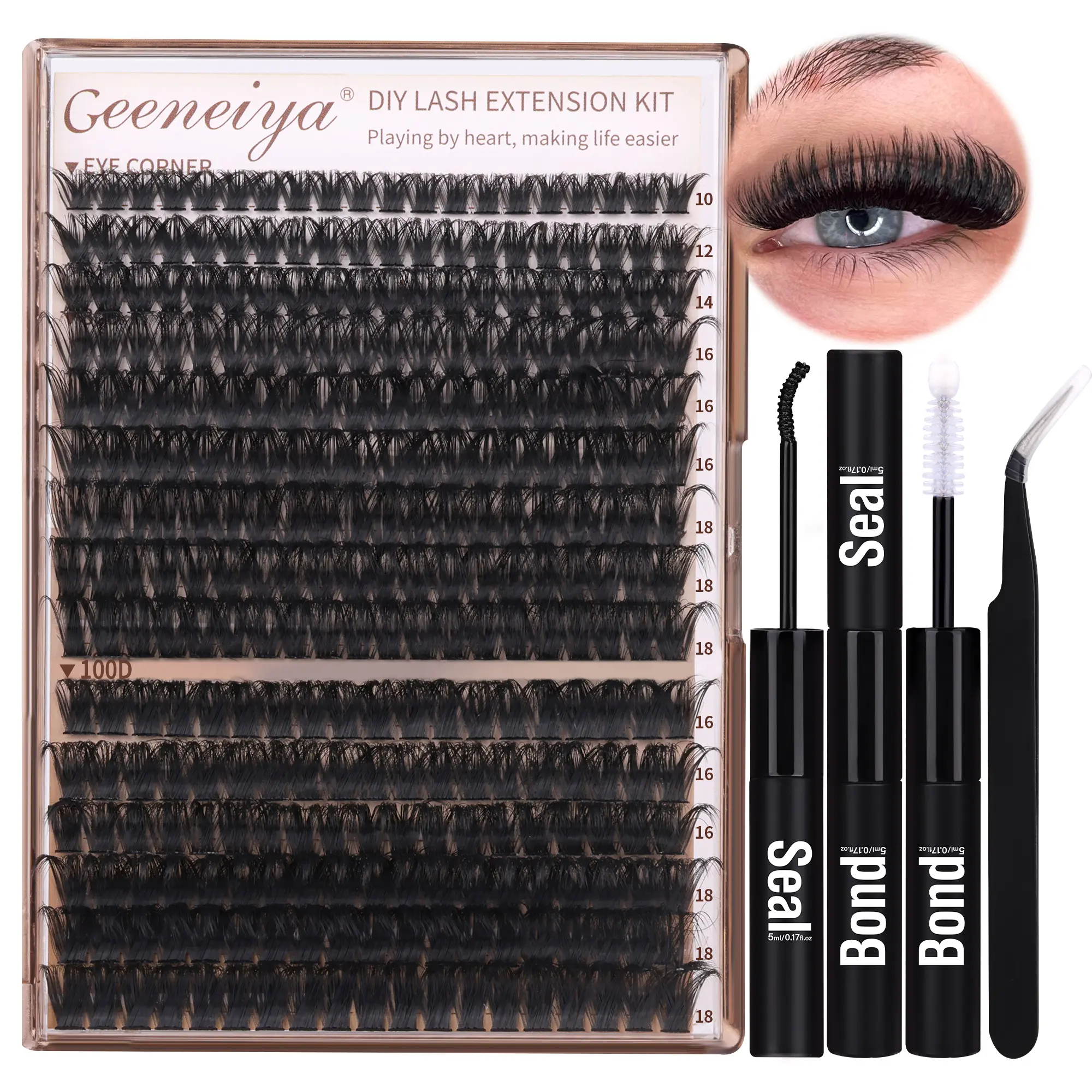 Volume Lash Clusters Kit DIY Lash Extension Kit D Curvature Eyelash Extensions with Lash Bond and Seal Tweezers,10-14mm Eye Corner Eyelashes and 16-18MM Cluster Lashes(300PCS,80D+100D)