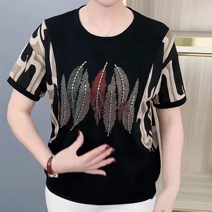 Áo Phông Ngắn Tay Cho Mẹ TRUNG NIÊN, Xuyên Biên Giới, Hàng Mới Về Mùa Hè Của Phụ Nữ, Ngoại Cỡ, Dáng Rộng Vừa Vặn, Thời Trang Và Phong Cách, Áo In Hình đính đá 5