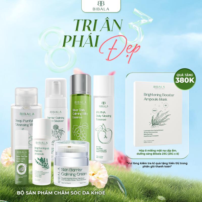 Full Bộ sản phẩm Nước tẩy trang 300ML + GEL rửa mặt rễ nhân sâm 150ML + ESSENCE 8% PHA 150Ml + Tinh chất PEPTIDE 30ML + Kem dưỡng giảm kích ứng phục hồi 20G+ GEL chấm mụn tràm trà 15ML BIBALA TẶNG QUÀ BẤT NGỜ TỪ BIBALA