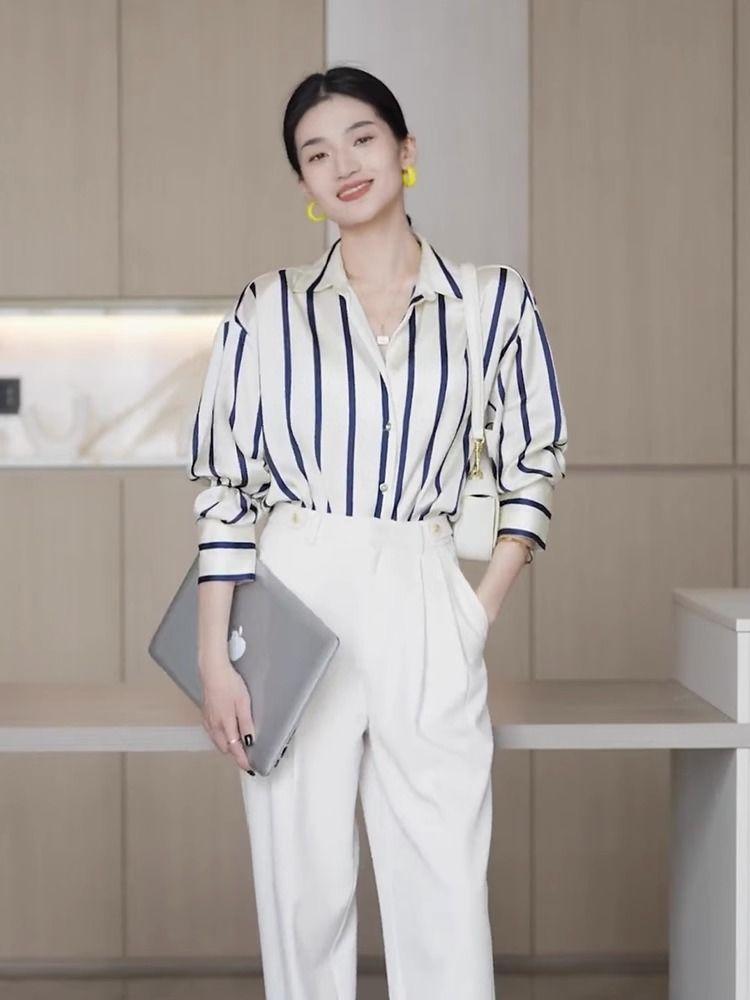 Product Introduction of Áo Sơ Mi Sọc, Hợp Xu hướng, Dành Cho Nữ, Mùa Xuân Và Mùa Thu, Hàng Mới Về 2024, Phong Cách Phương Tây, Áo Voan Đi Chơi Dễ Phối Đồ, Phong Cách Hồng Kông, Áo Trên Top Women Shirt Cổ Tròn 6