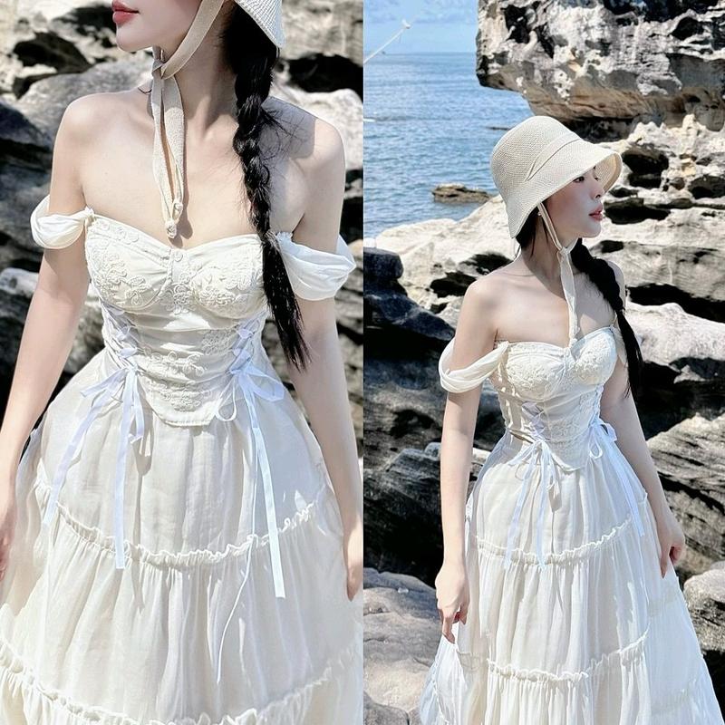 (VÁY DÀI 94CM)sét áo ren hoa nổi đan dây rút eo kèm chân váy maxi 4 tầng đi biển đi đà lạt sống ảo siêu xinh Nữ Kem Women Top